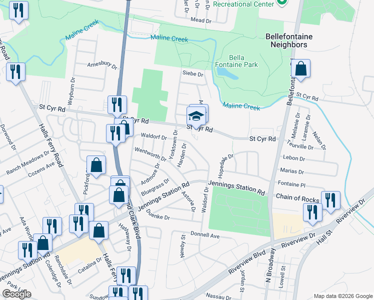 map of restaurants, bars, coffee shops, grocery stores, and more near 9440 Harden Drive in St. Louis