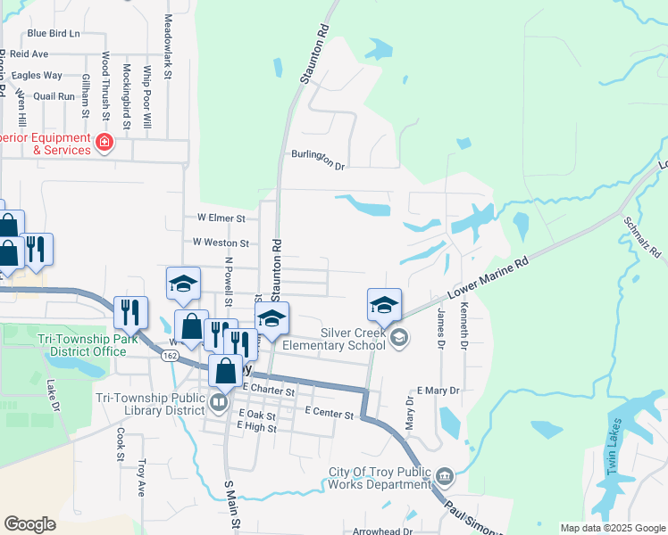 map of restaurants, bars, coffee shops, grocery stores, and more near 300 East Montgomery Street in Troy
