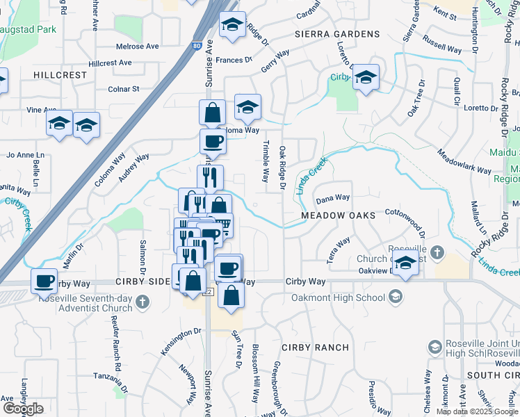 map of restaurants, bars, coffee shops, grocery stores, and more near 930 Oak Ridge Drive in Roseville