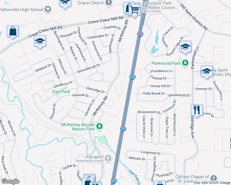 map of restaurants, bars, coffee shops, grocery stores, and more near 2750 McKelvey Road in Maryland Heights