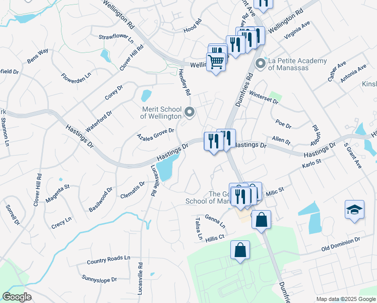 map of restaurants, bars, coffee shops, grocery stores, and more near 10207 Magnolia Grove Drive in Manassas