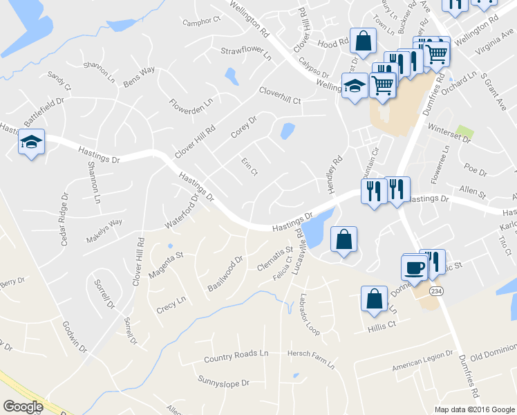 map of restaurants, bars, coffee shops, grocery stores, and more near 9371 River Crest Rd in Manassas
