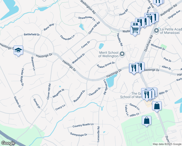 map of restaurants, bars, coffee shops, grocery stores, and more near 9371 River Crest Rd in Manassas