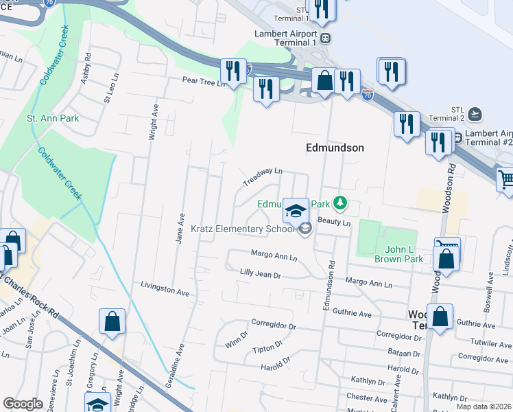 map of restaurants, bars, coffee shops, grocery stores, and more near 4335 Traverse Lane in St. Louis