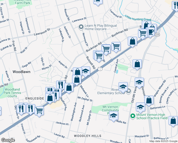 map of restaurants, bars, coffee shops, grocery stores, and more near 8312 Richmond Highway in Alexandria