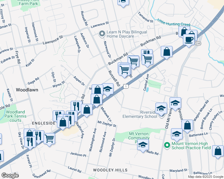 map of restaurants, bars, coffee shops, grocery stores, and more near 8312 Richmond Highway in Alexandria