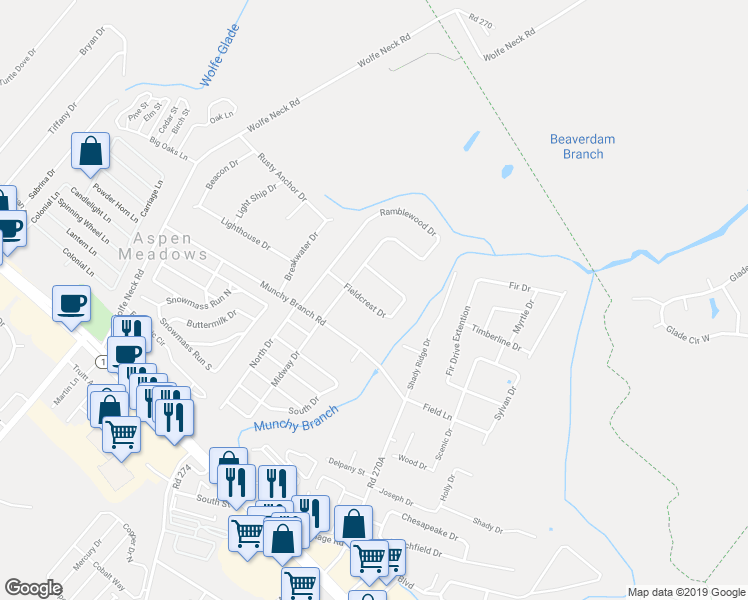 map of restaurants, bars, coffee shops, grocery stores, and more near 20103 Fieldcrest Drive in Rehoboth Beach