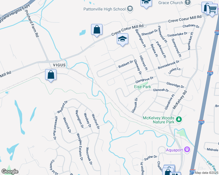 map of restaurants, bars, coffee shops, grocery stores, and more near 2819 James Christopher Dr in Maryland Heights