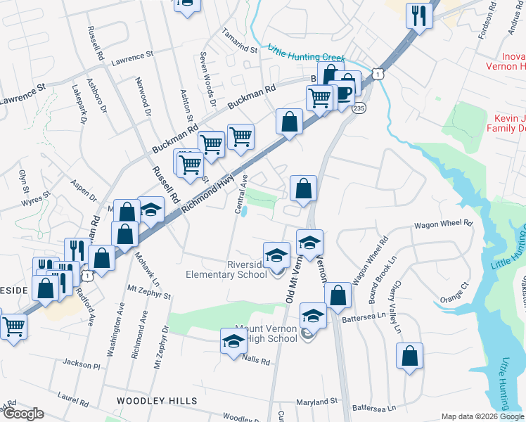 map of restaurants, bars, coffee shops, grocery stores, and more near 3616 Drews Court in Alexandria