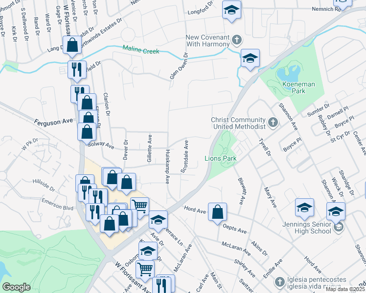 map of restaurants, bars, coffee shops, grocery stores, and more near 8939 Scottdale Avenue in Jennings
