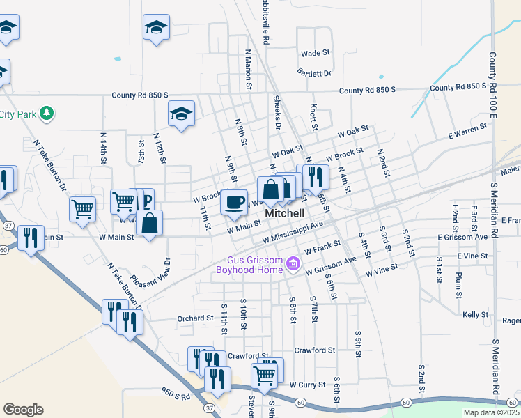map of restaurants, bars, coffee shops, grocery stores, and more near 131 N 8th St in Mitchell