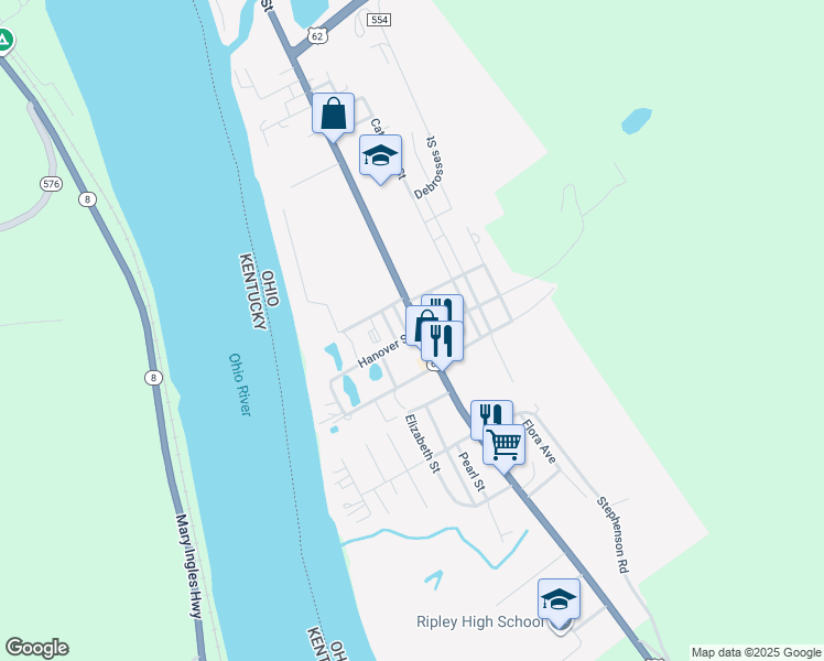 map of restaurants, bars, coffee shops, grocery stores, and more near 819 S 2nd St in Ripley
