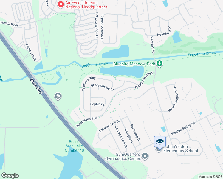 map of restaurants, bars, coffee shops, grocery stores, and more near Trailhead Way in Dardenne Prairie