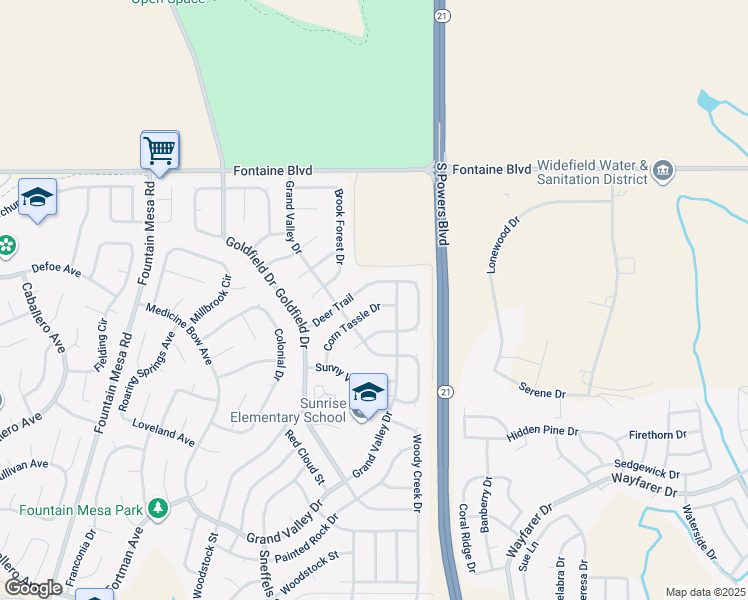 map of restaurants, bars, coffee shops, grocery stores, and more near 6840 Corn Tassle Drive in Colorado Springs