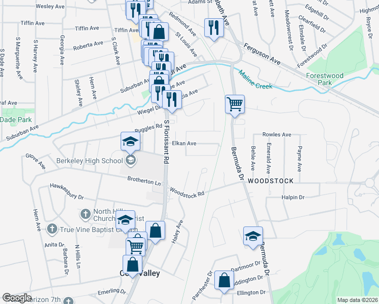 map of restaurants, bars, coffee shops, grocery stores, and more near 101 Anabel Avenue in Ferguson