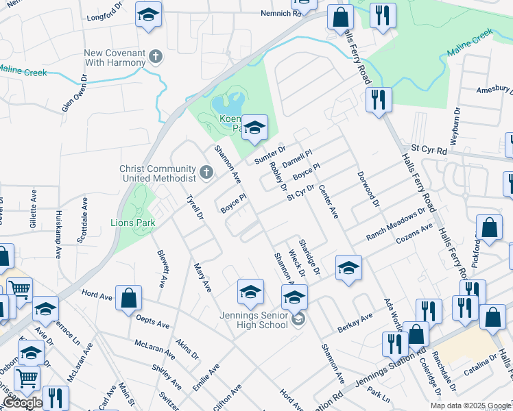 map of restaurants, bars, coffee shops, grocery stores, and more near 2527 Shannon Avenue in Jennings