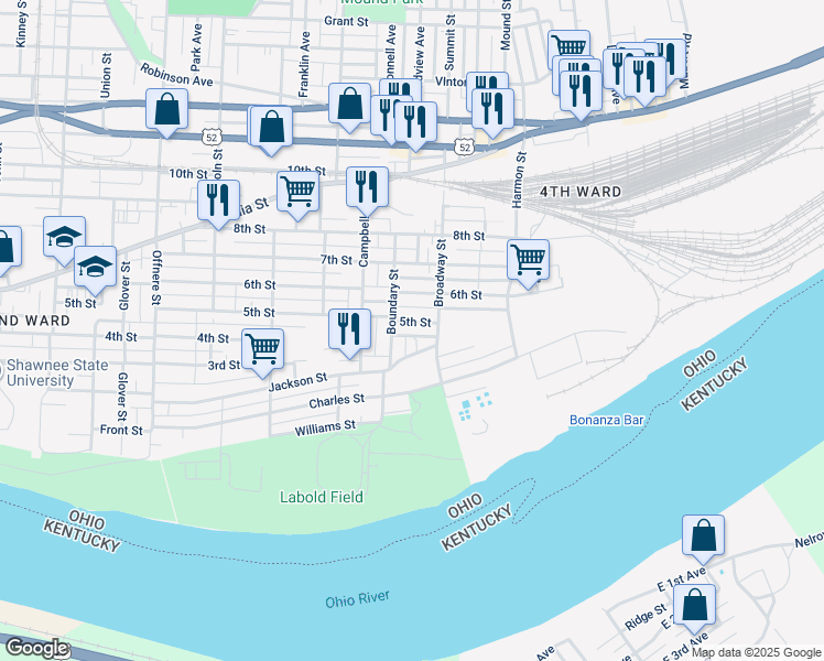 map of restaurants, bars, coffee shops, grocery stores, and more near 2020 5th Street in Portsmouth