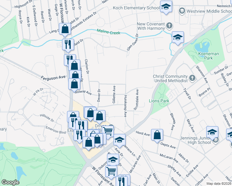 map of restaurants, bars, coffee shops, grocery stores, and more near 2901 Solway Avenue in Jennings