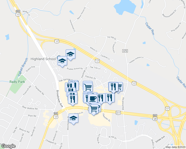 map of restaurants, bars, coffee shops, grocery stores, and more near 802 Col Edmonds Court in Warrenton