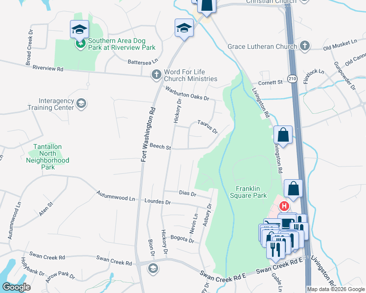 map of restaurants, bars, coffee shops, grocery stores, and more near 204 Beech Street in Fort Washington