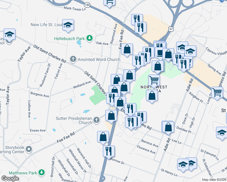 map of restaurants, bars, coffee shops, grocery stores, and more near 3728 Fee Fee Road in Bridgeton