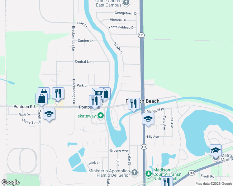 map of restaurants, bars, coffee shops, grocery stores, and more near 4025 Kaseberg Lane in Pontoon Beach