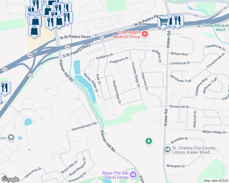 map of restaurants, bars, coffee shops, grocery stores, and more near 1275 Stephenridge Drive in Saint Charles