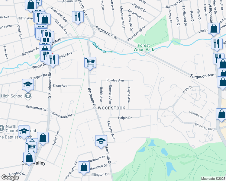 map of restaurants, bars, coffee shops, grocery stores, and more near 6162 Emerald Avenue in Ferguson