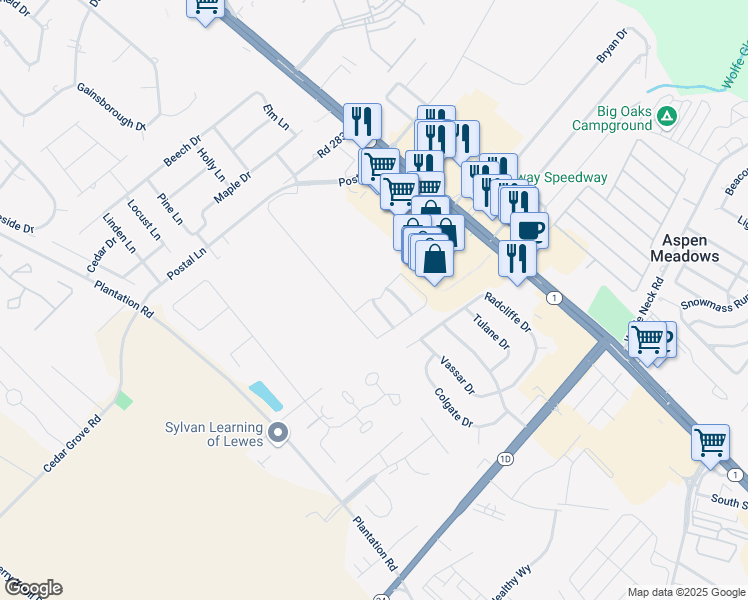 map of restaurants, bars, coffee shops, grocery stores, and more near 18871 Bethpage Drive in Rehoboth Beach