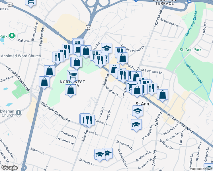 map of restaurants, bars, coffee shops, grocery stores, and more near 3800 Adie Road in Saint Ann
