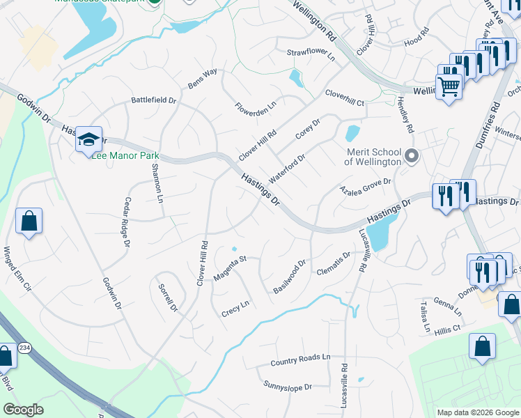 map of restaurants, bars, coffee shops, grocery stores, and more near 10316 Amberleigh Court in Manassas