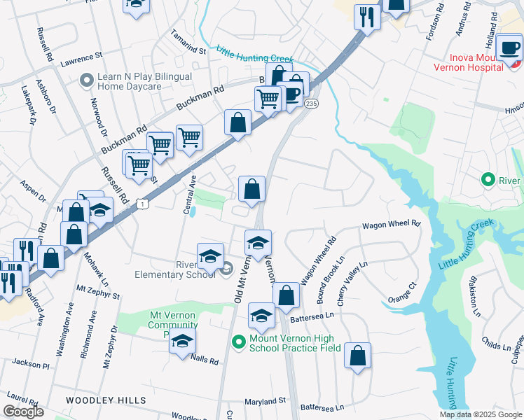 map of restaurants, bars, coffee shops, grocery stores, and more near 8301 Virginia 235 in Alexandria