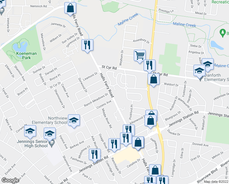 map of restaurants, bars, coffee shops, grocery stores, and more near 3 Watson Mill Court in Jennings
