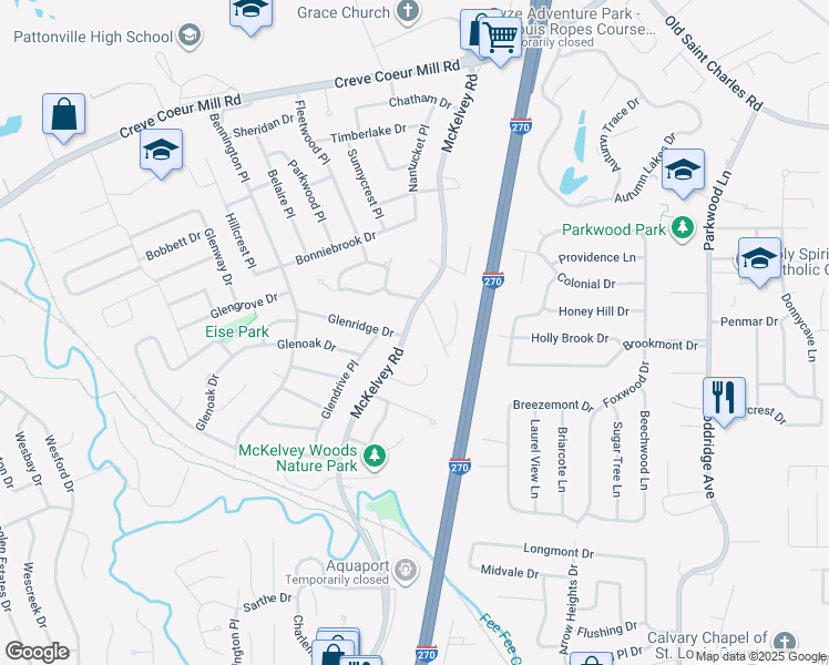 map of restaurants, bars, coffee shops, grocery stores, and more near 2750 McKelvey Road in Maryland Heights
