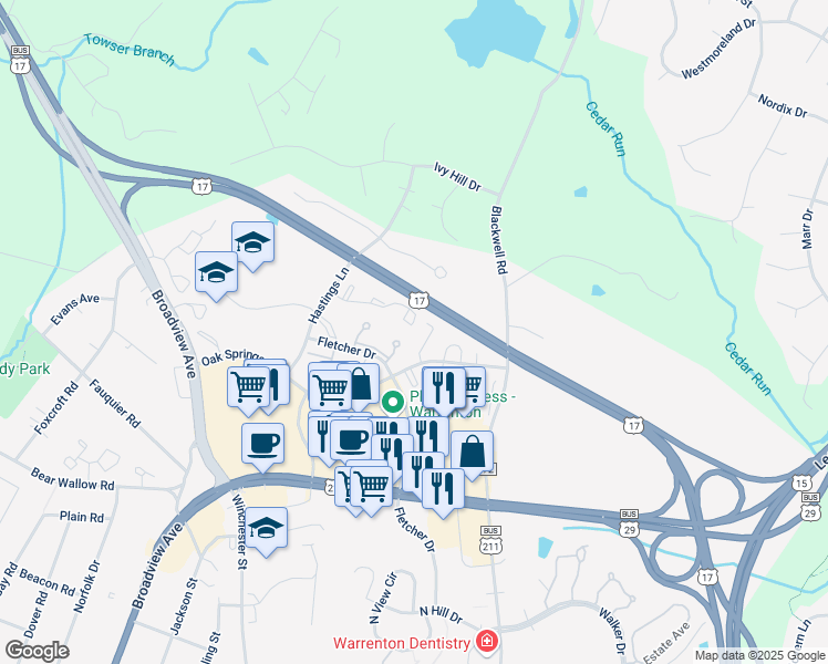 map of restaurants, bars, coffee shops, grocery stores, and more near 803 Wide Oak Court in Warrenton