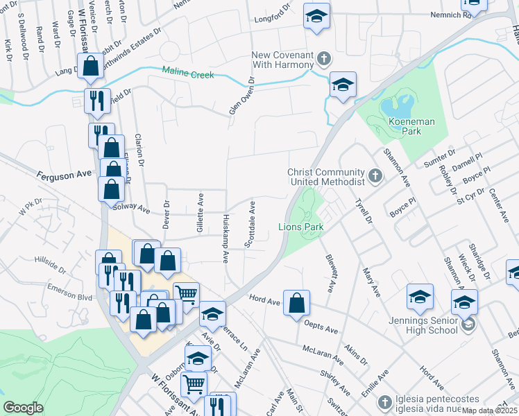 map of restaurants, bars, coffee shops, grocery stores, and more near 8939 Scottdale Avenue in Jennings