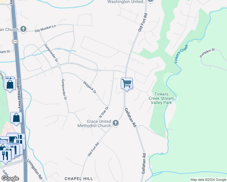 map of restaurants, bars, coffee shops, grocery stores, and more near 11408 North Star Drive in Fort Washington