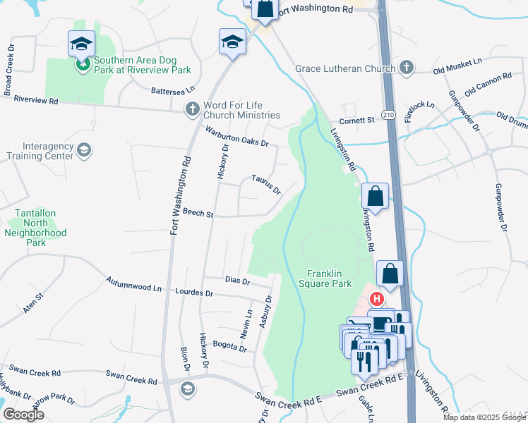 map of restaurants, bars, coffee shops, grocery stores, and more near 312 Beech Street in Fort Washington