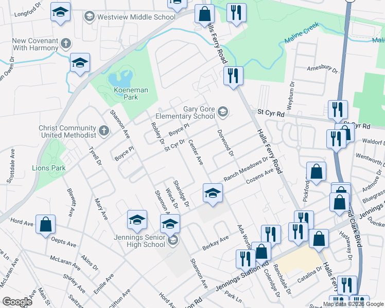 map of restaurants, bars, coffee shops, grocery stores, and more near 2516 Center Avenue in Jennings