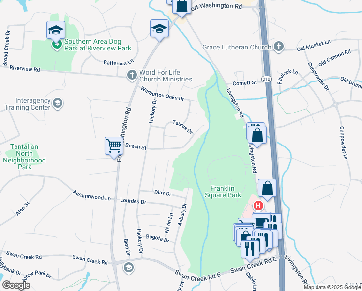 map of restaurants, bars, coffee shops, grocery stores, and more near 312 Beech Street in Fort Washington