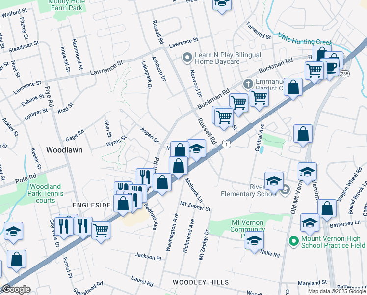 map of restaurants, bars, coffee shops, grocery stores, and more near 8230 Gregory Drive in Alexandria