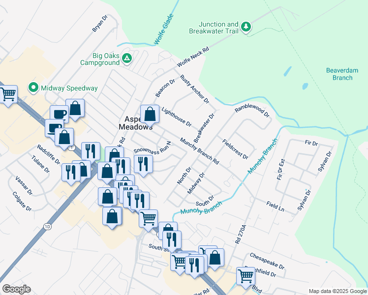 map of restaurants, bars, coffee shops, grocery stores, and more near 18597 Snowmass Run in Rehoboth Beach