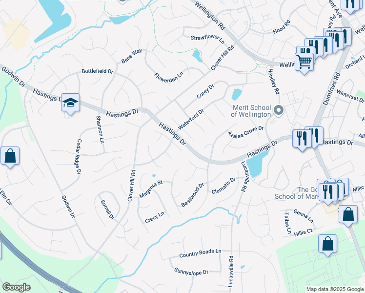 map of restaurants, bars, coffee shops, grocery stores, and more near 10321 Amberleigh Court in Manassas