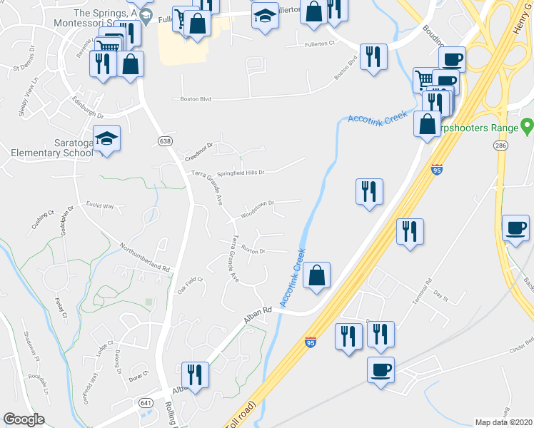 map of restaurants, bars, coffee shops, grocery stores, and more near 8228 Woodstown Court in Springfield