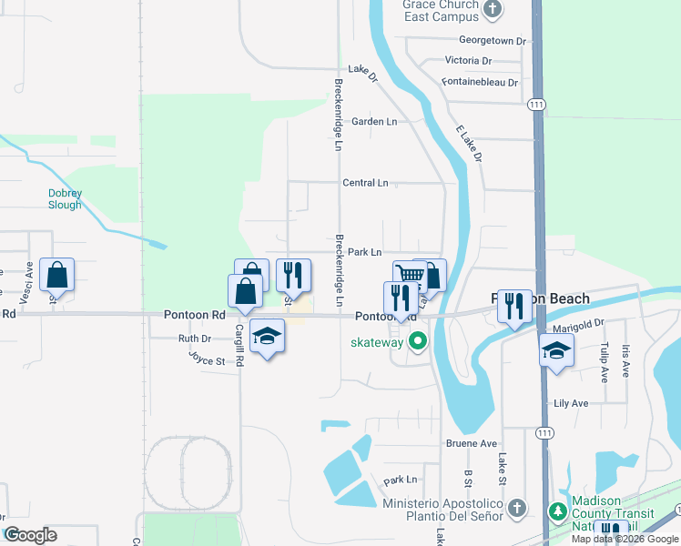 map of restaurants, bars, coffee shops, grocery stores, and more near 4051 Breckenridge Lane in Granite City