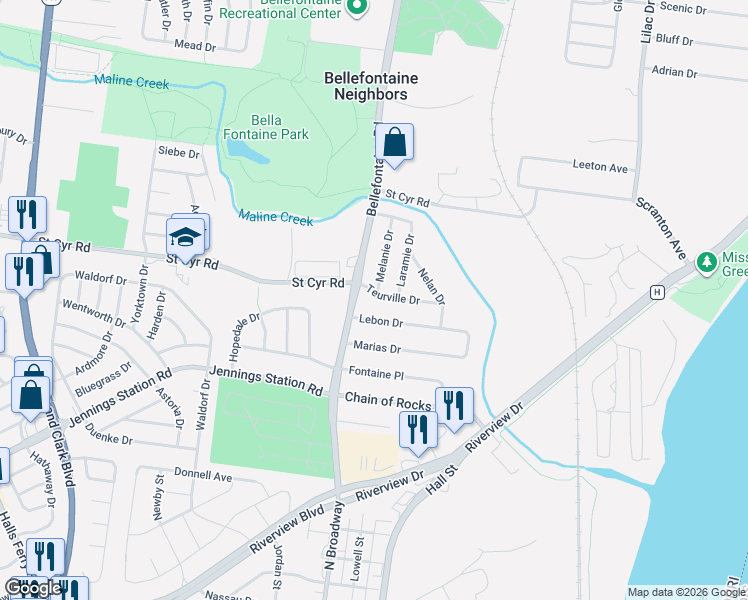 map of restaurants, bars, coffee shops, grocery stores, and more near 916 Teurville Drive in St. Louis