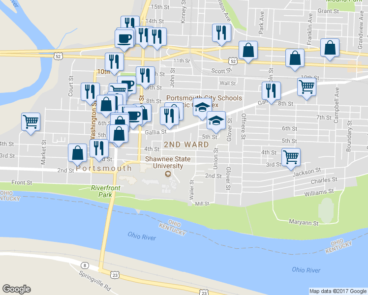 map of restaurants, bars, coffee shops, grocery stores, and more near 1121 4th Street in Portsmouth