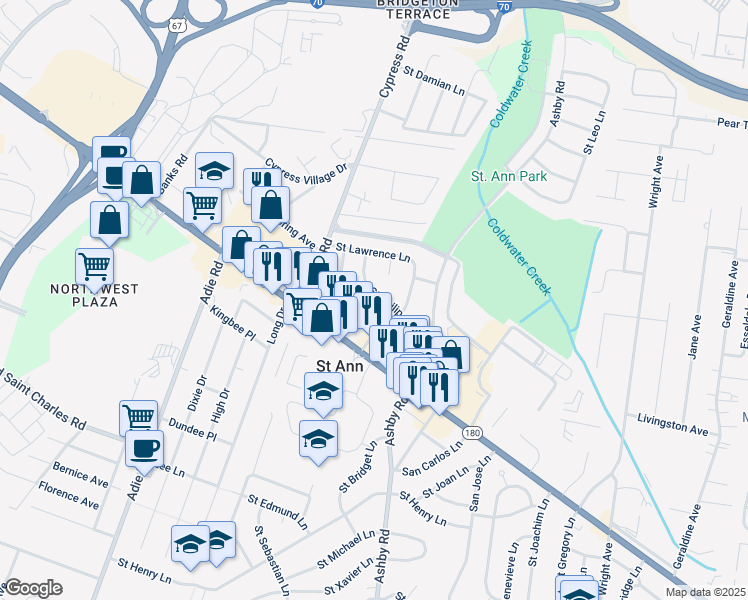 map of restaurants, bars, coffee shops, grocery stores, and more near 10626 Saint Philip Lane in Saint Ann