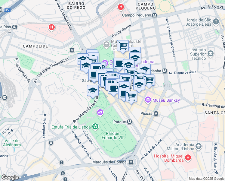 map of restaurants, bars, coffee shops, grocery stores, and more near 122 Avenida António Augusto de Aguiar in Lisboa