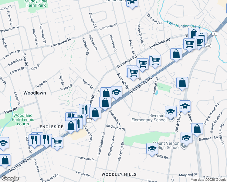 map of restaurants, bars, coffee shops, grocery stores, and more near 8235 Gregory Drive in Alexandria